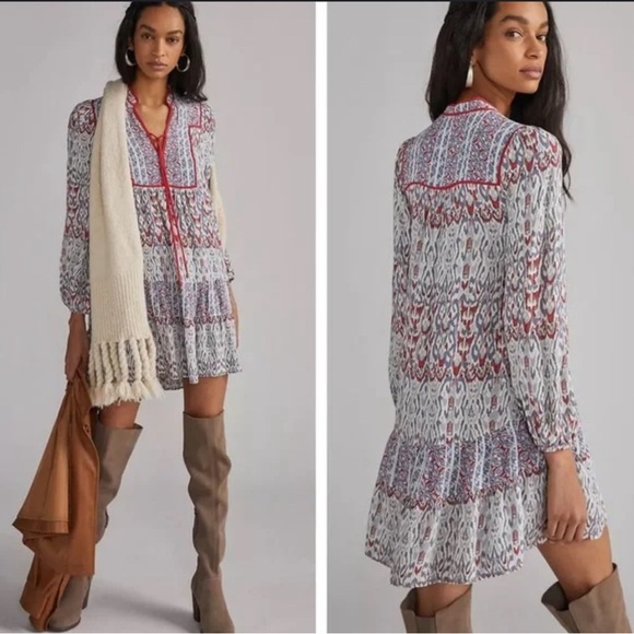 Anthropologie Dresses & Skirts - Anthropologie Spliced Tunic Tie Front Multicolor Balloon Sleeve Mini Dress Sz 3X